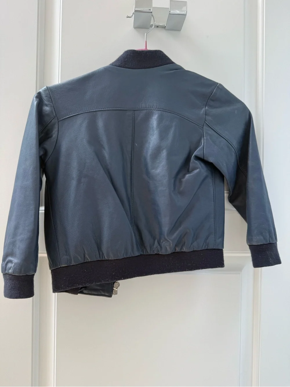 m&f Kids Navy Leather Bomber Jacket with Colorful Lining